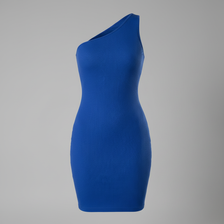 Body-hugging one shoulder dress on a plain background.
