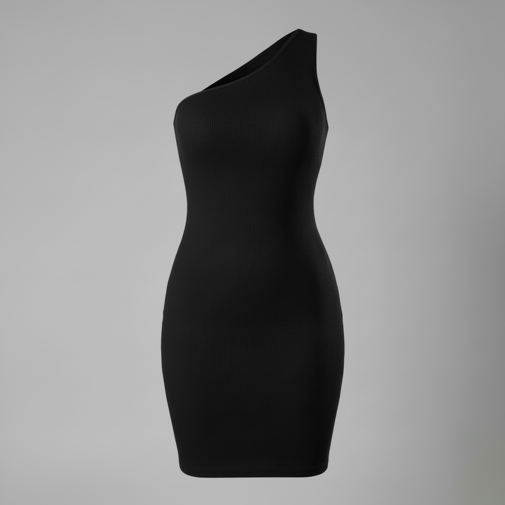 Chic mini dress with one shoulder design on a plain background.
