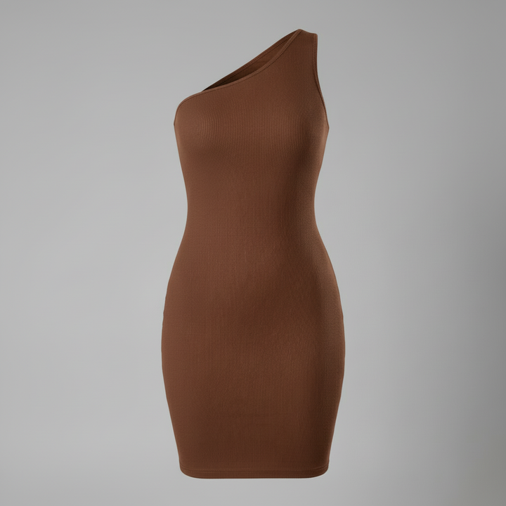 Fitted mini dress with asymmetrical neckline on a plain background.