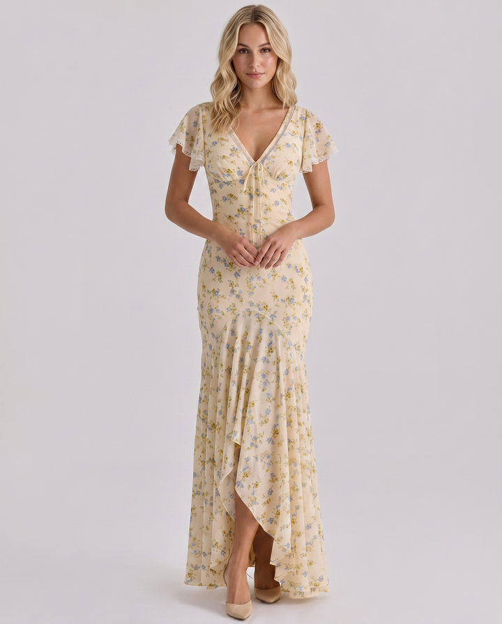 Woman modelling a flowing floral dress designed for warm-weather wear.