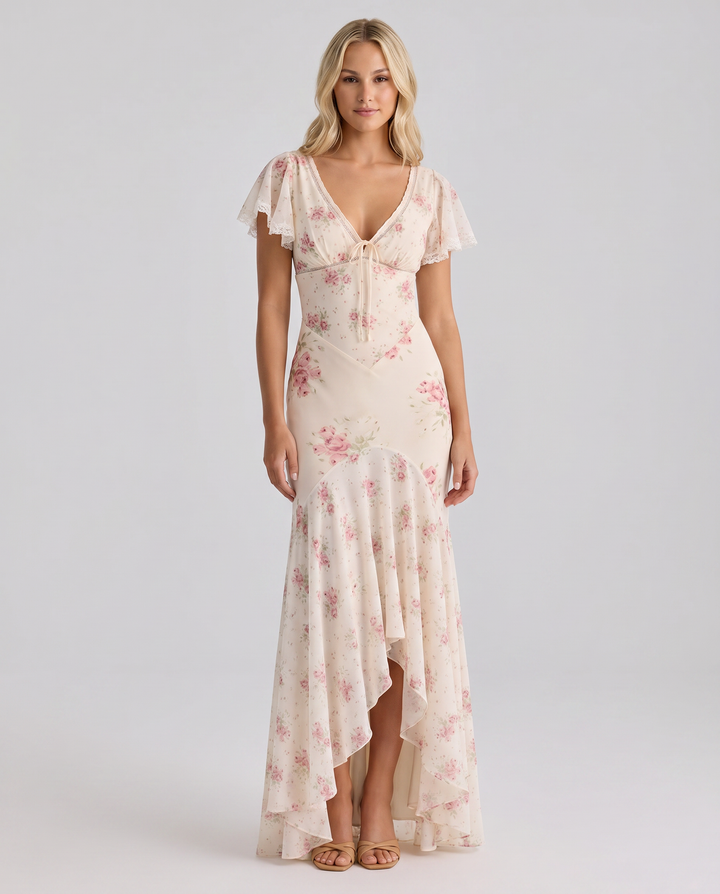Woman wearing a floral summer dress with a flowing silhouette against a plain background.