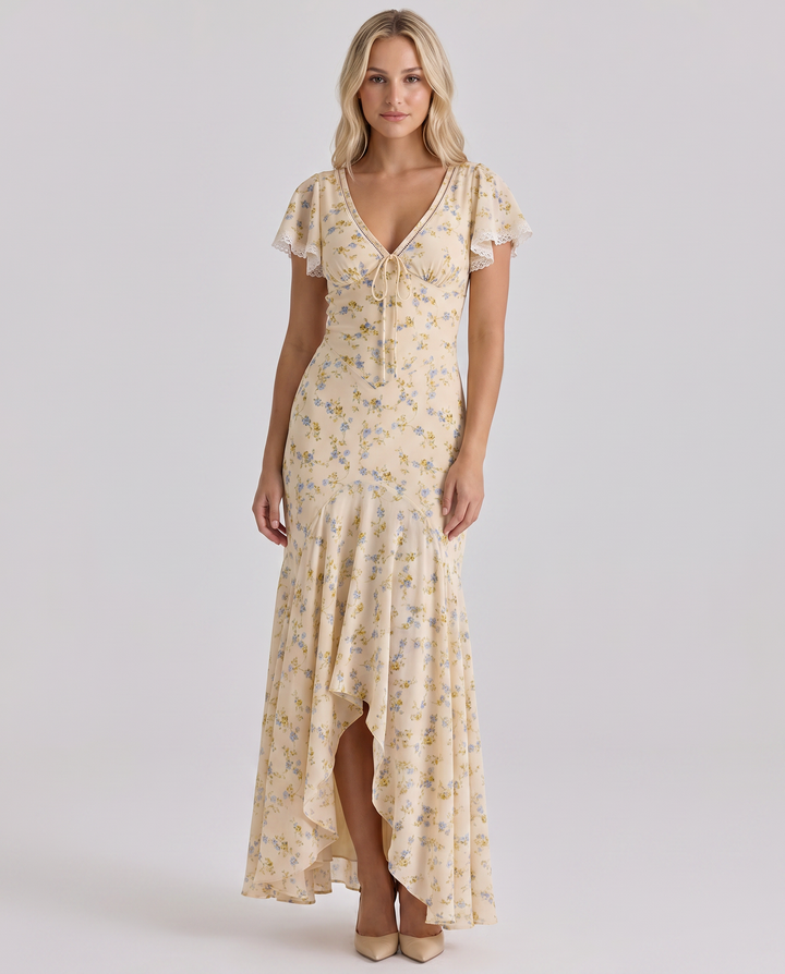Female modelling a summer dress with soft floral detailing and flowing movement.