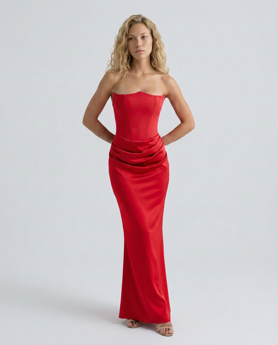 Woman wearing a sleeveless event dress with a structured shape and elegant drape on a plain background.