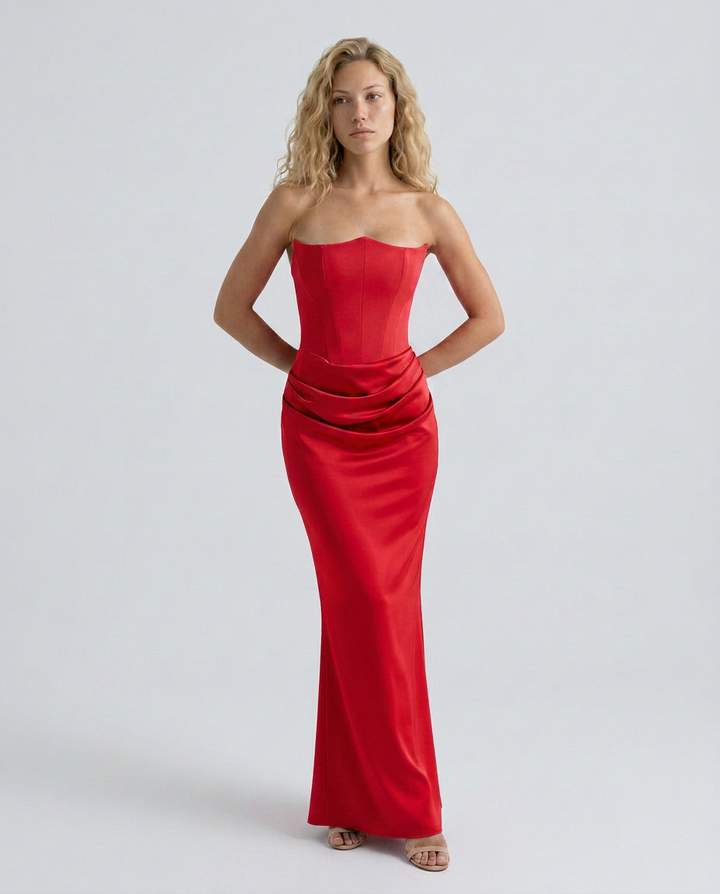 Woman wearing a sleeveless event dress with a structured shape and elegant drape on a plain background.