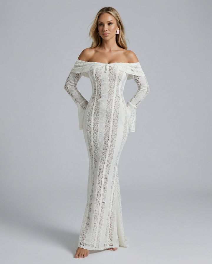 Female wearing a fitted maxi dress featuring lace texture and flared sleeves.