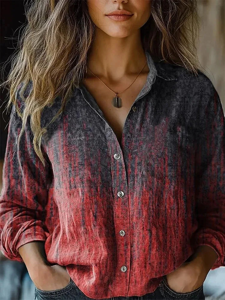  Woman in a relaxed fit floral shirt featuring an all-over botanical pattern.