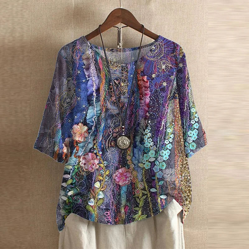 A floral blouse with a loose silhouette and elegant st