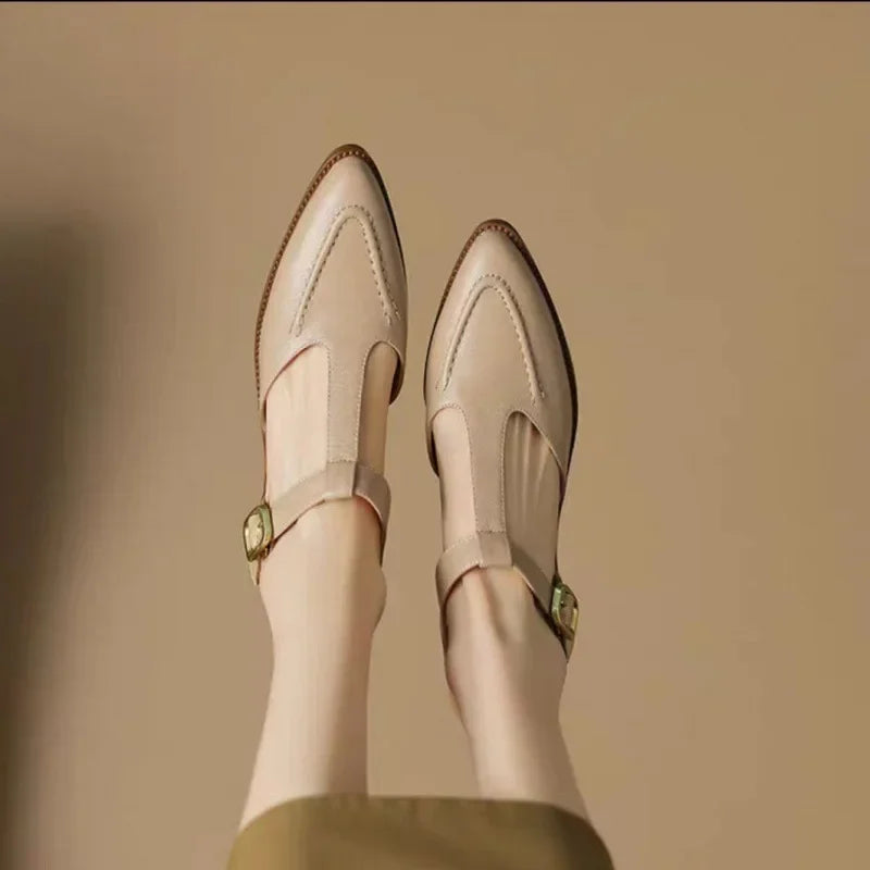 Female model wearing pointed toe t-strap shoes on a plain background.
