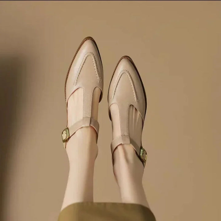 Female model wearing pointed toe t-strap shoes on a plain background.
