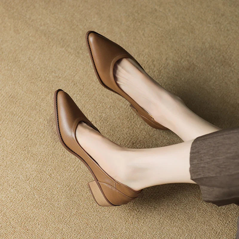 Female pointed toe slip-on heels with a smooth finish on a plain background.