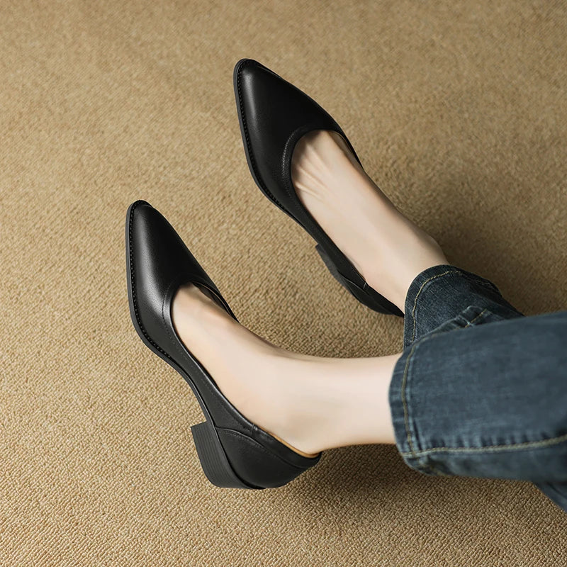 Women’s smart block heel pumps for dress outfits on a plain background.