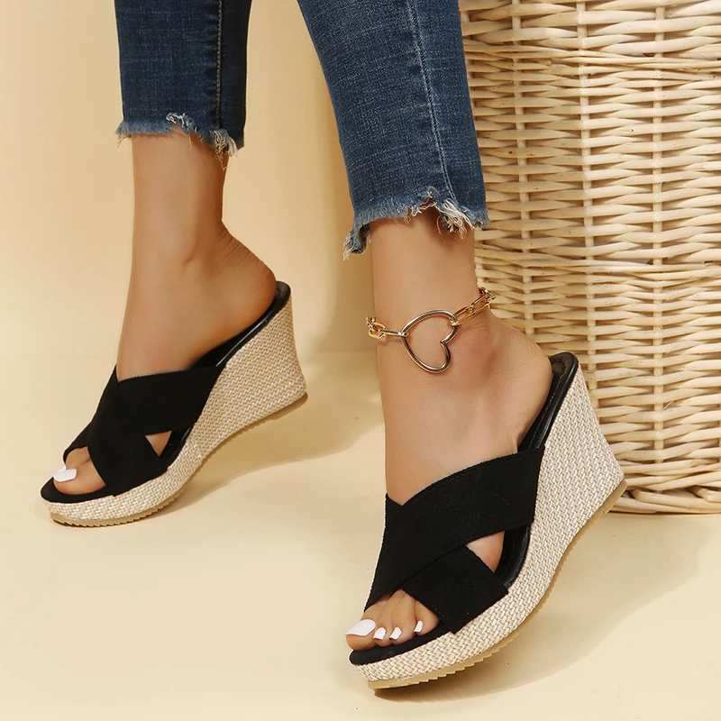 Model standing in everyday sandals against a plain background.