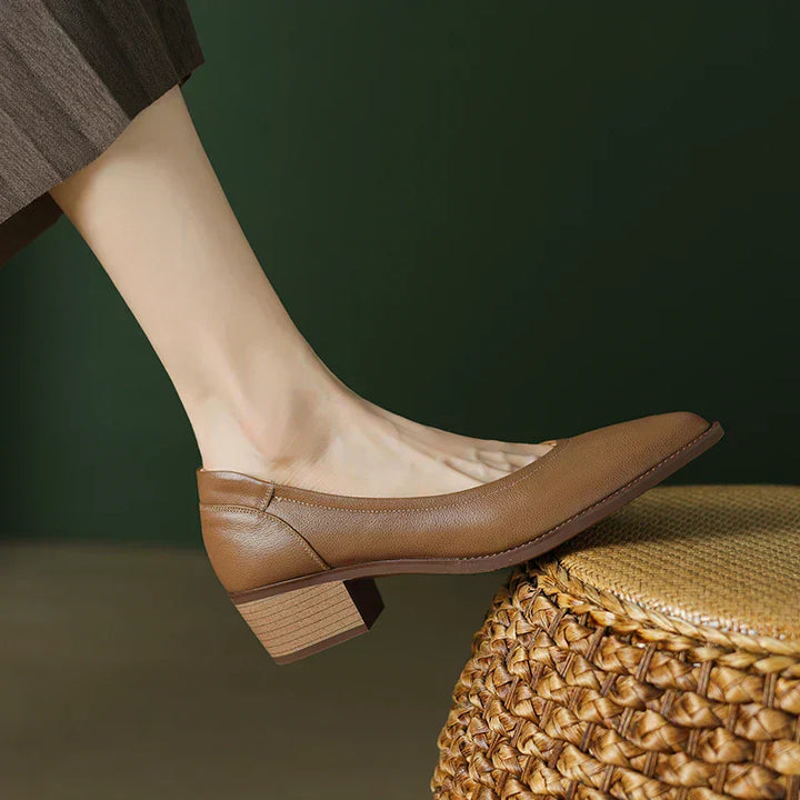 Female dress heels with a clean pointed toe and block heel on a plain background.