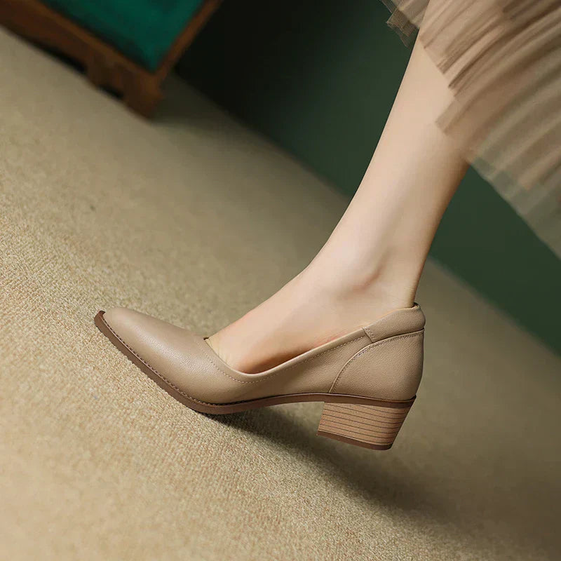 Female slip-on pointed toe heels with a mid-height block heel on a plain background.