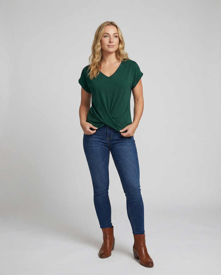 Female modelling a lightweight V-neck blouse with a relaxed silhouette.