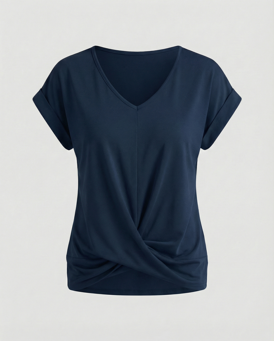 Short sleeve V-neck top against a plain background.
