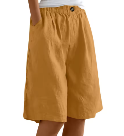 Mid-length pull-on shorts for everyday styling on a plain background.