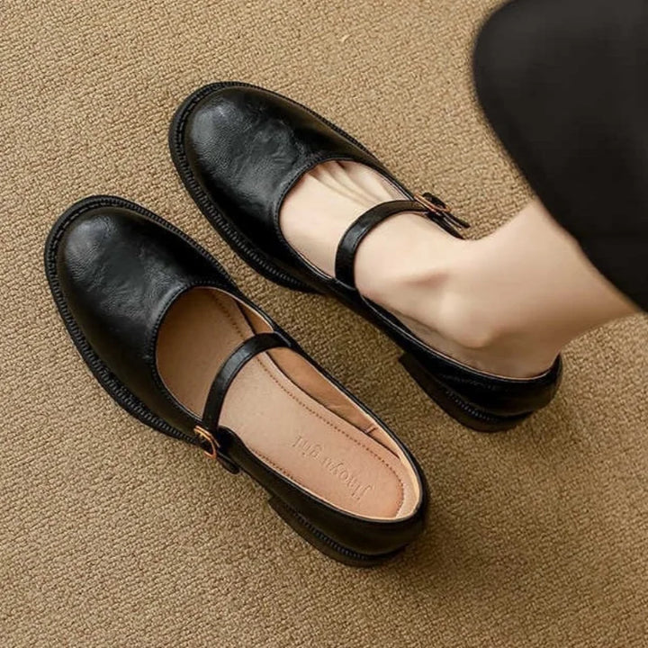 Leather-look Mary Jane shoes on a plain background with a single strap and low block heel.