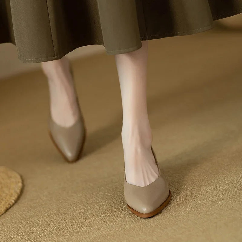 Model wearing refined pointed toe pumps on a plain background.