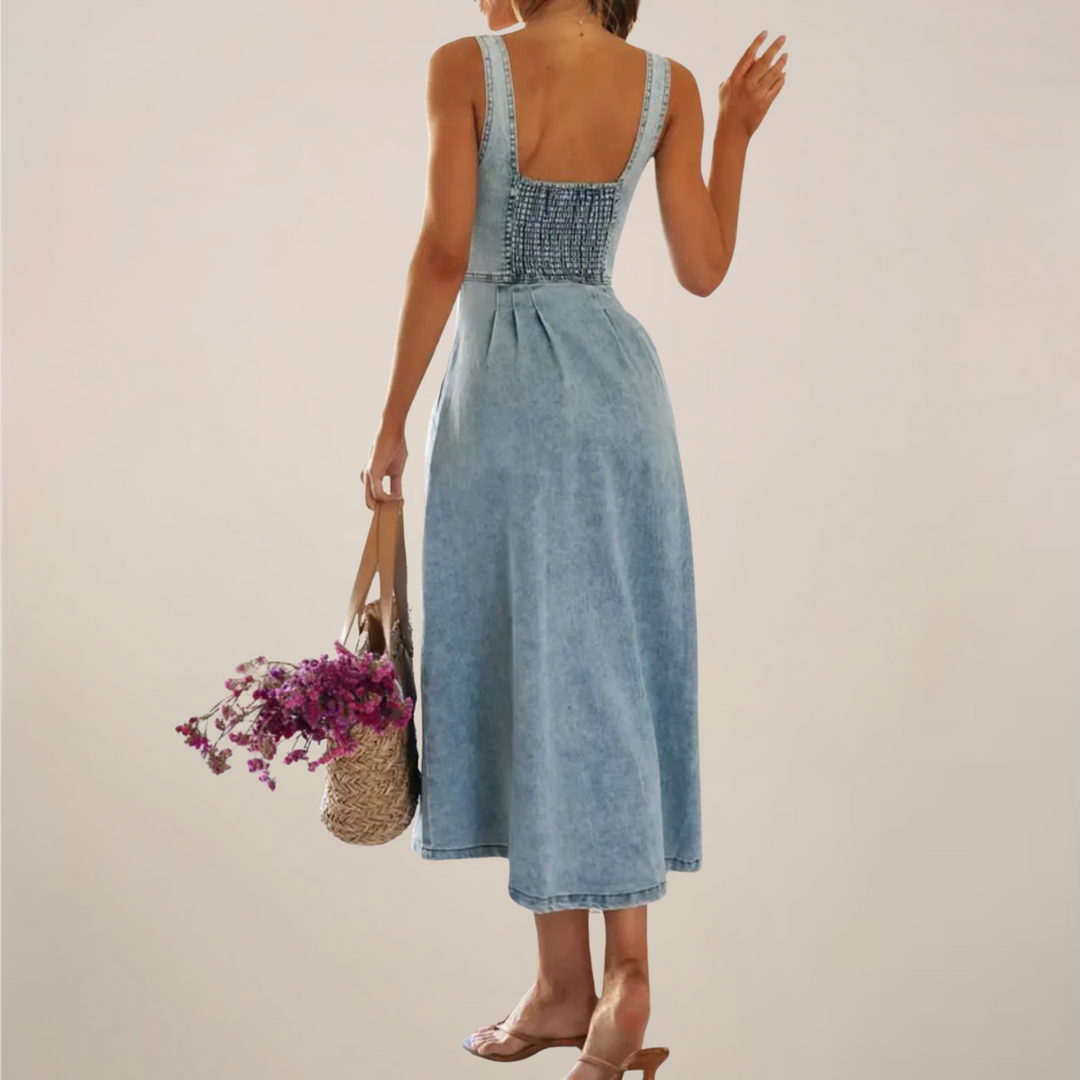 Woman posing in a sleeveless denim-style midi dress with front buttons on a plain background.