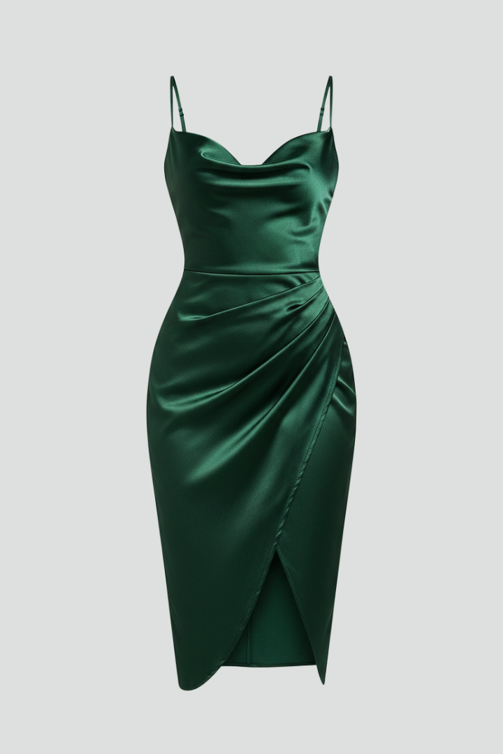 Draped neckline dress with defined waist on a plain background.