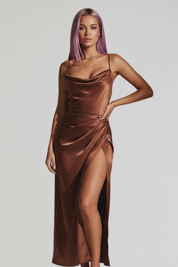  Woman in a slim-strap midi dress with graceful draping on a plain background. 