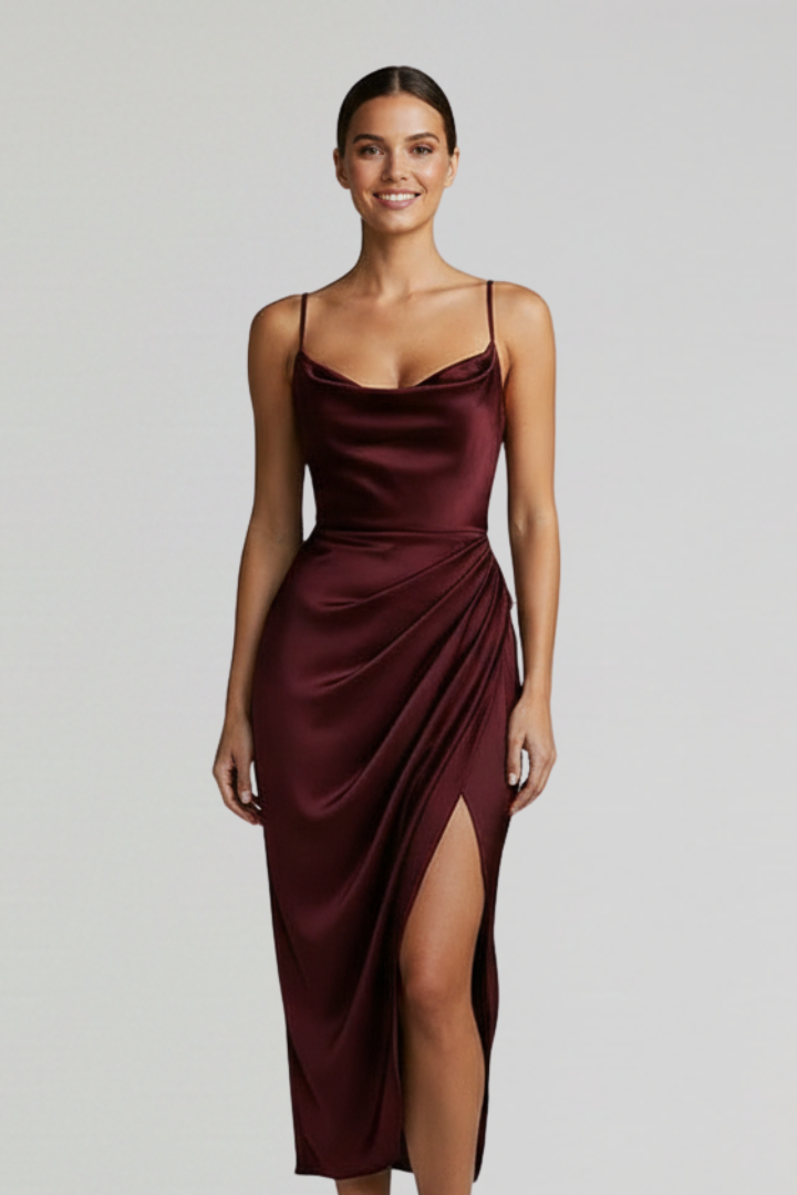 Woman in a sleeveless side slit dress with smooth exterior finish on a plain background.
