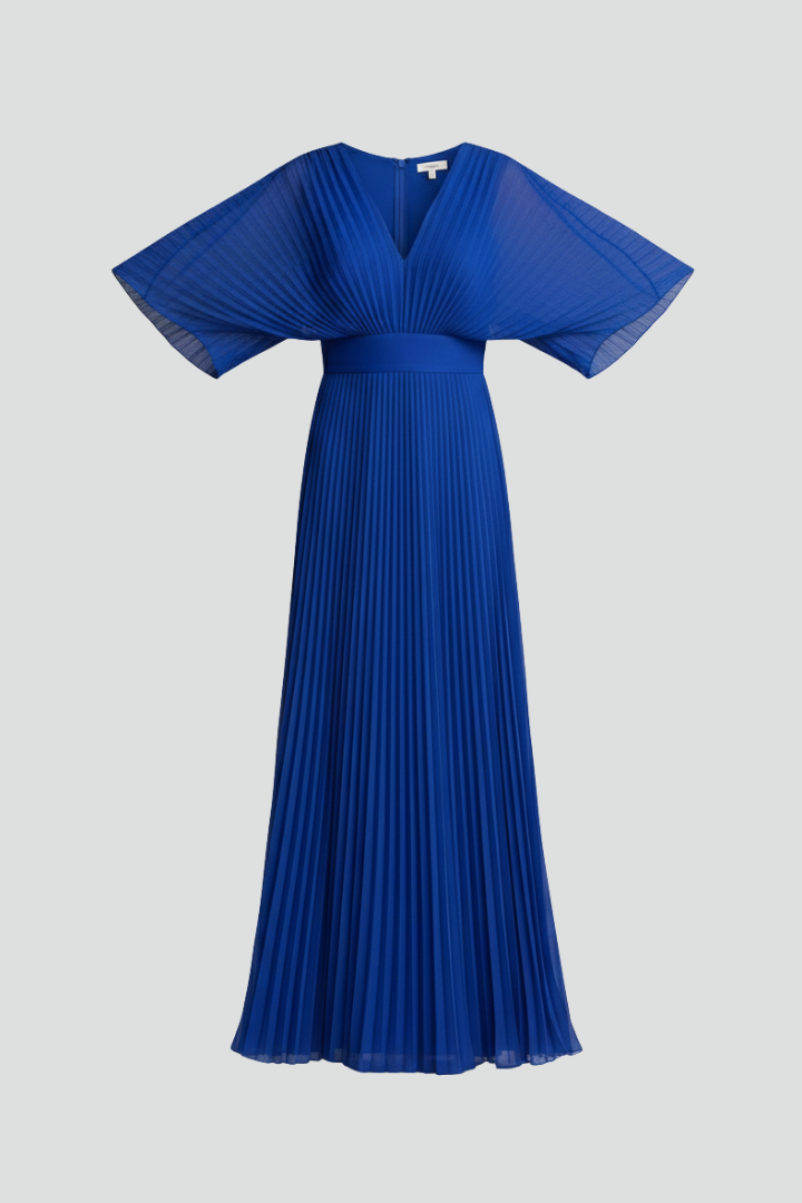 Plain long dress with overlapping front panels and vertical pleats on a plain background.