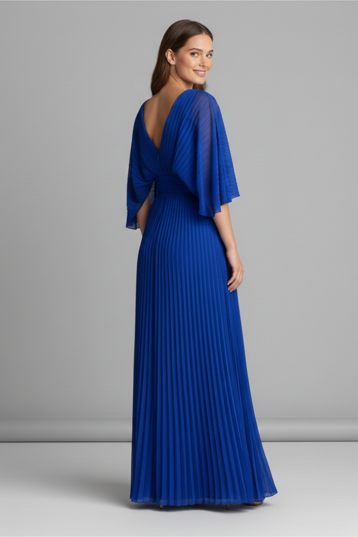 Female model in a V-neck long dress with full sleeves and a maxi pleated skirt on a plain background.