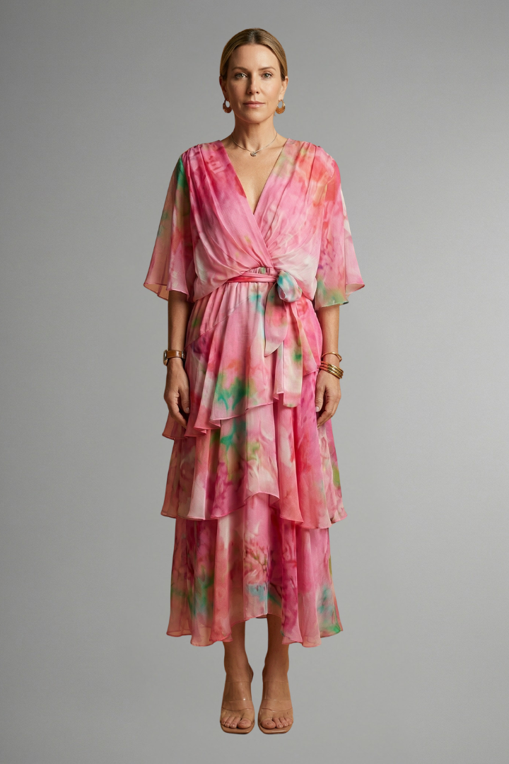 Woman in a patterned midi dress featuring a V-neck design and flowing pleated hem on a plain background.