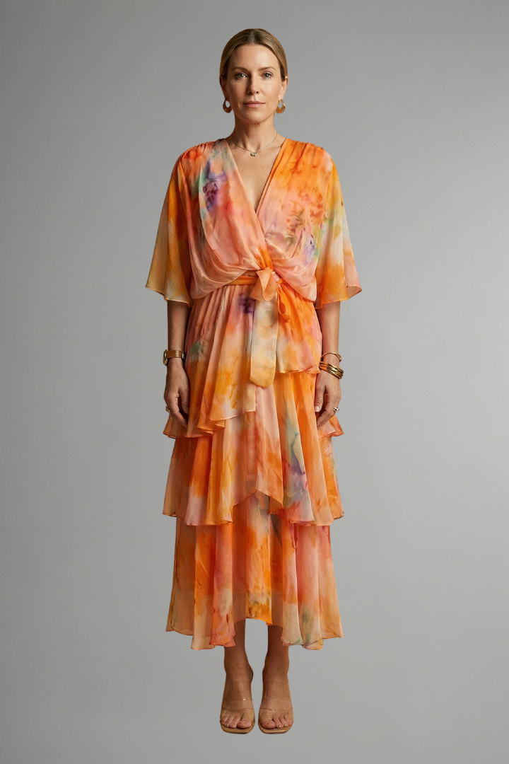 Woman in a printed V-neck midi dress with a fitted waist and flowing shape.
