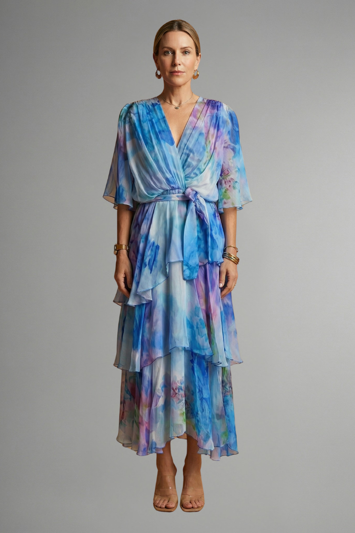 Female model styled in a patterned sleeveless dress with a pleated midi-length skirt.