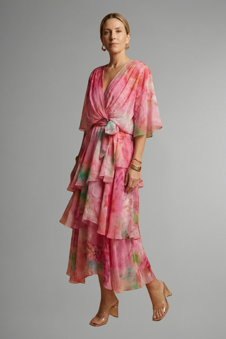 Woman wearing a V-neck midi dress with an all-over print and pleated detailing against a plain background.