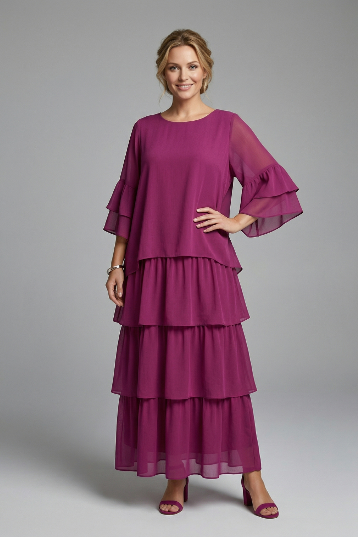 Female model wearing a round neck tiered maxi dress against a plain background.