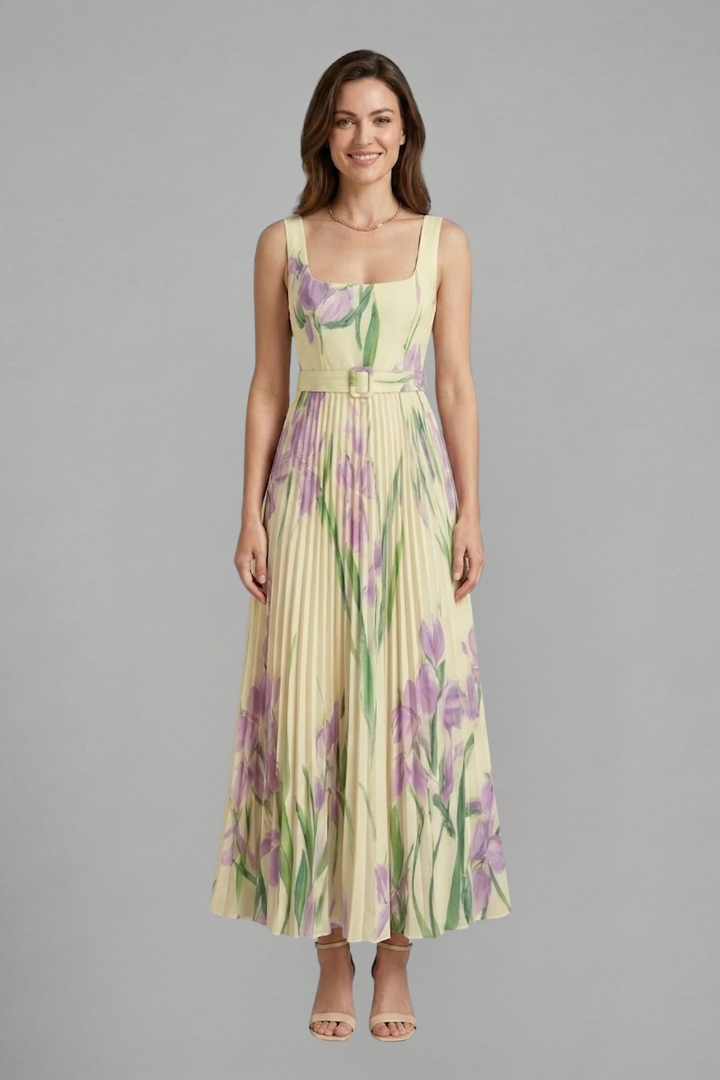 Woman in a sleeveless floral maxi dress with a flowing full-length skirt against a plain background.