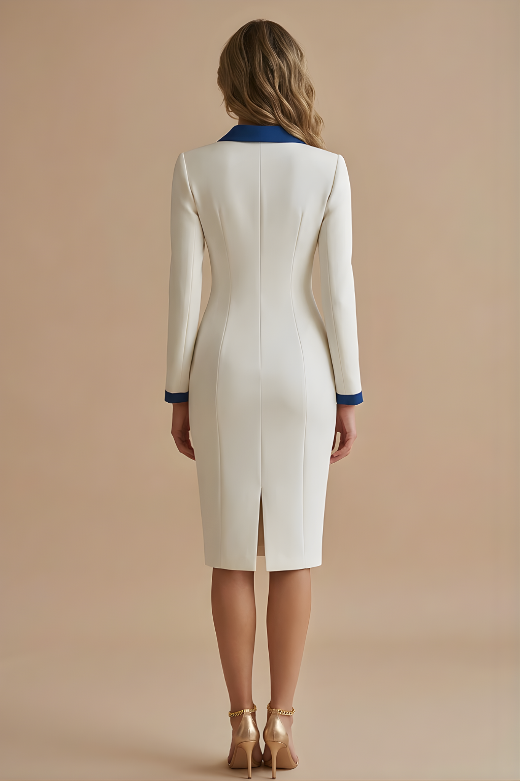 Female model showcasing a sleek long sleeve midi dress with contrast cuffs on a plain background.