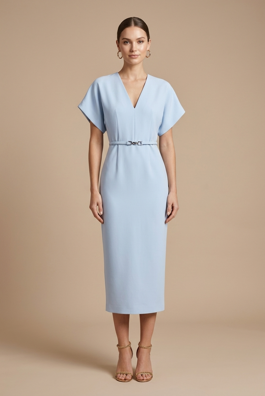 Female wearing a midi pencil dress with batwing sleeves and belted waist on a plain background.