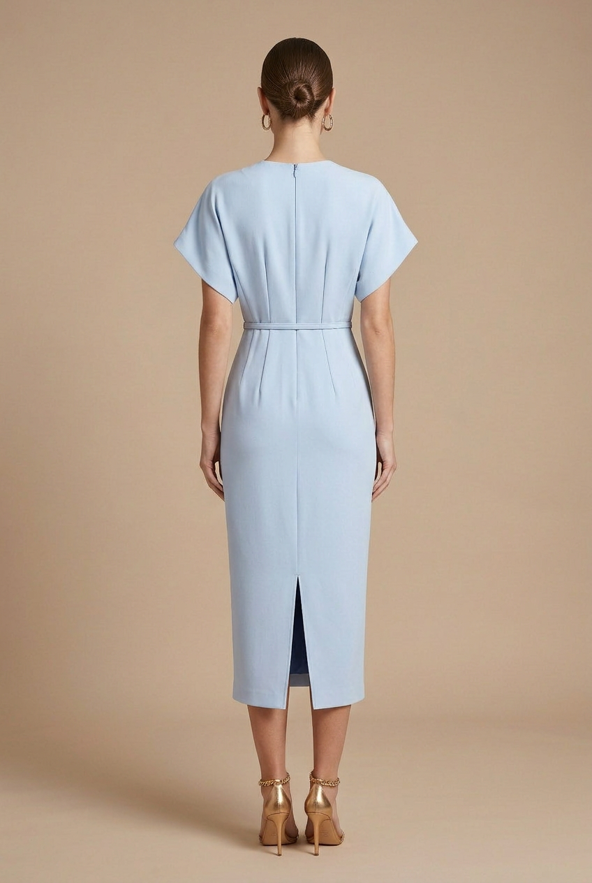 Female model in a belted midi dress with flowing sleeves on a plain background.