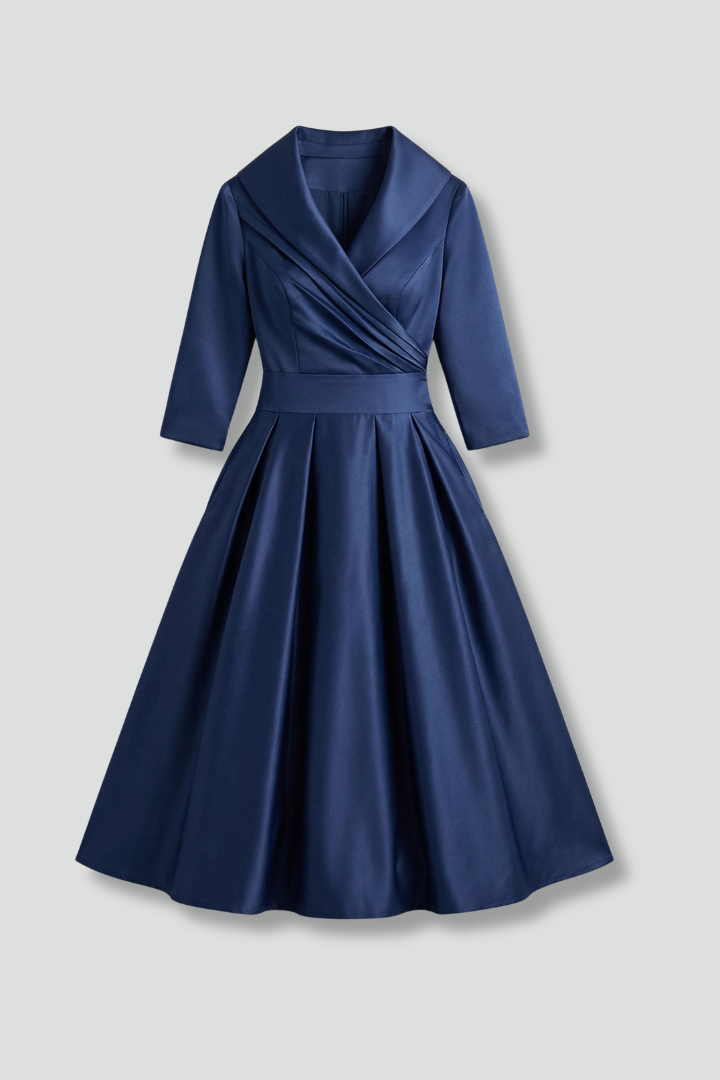 Woven midi dress with wrap neckline and straight hem on a plain background.