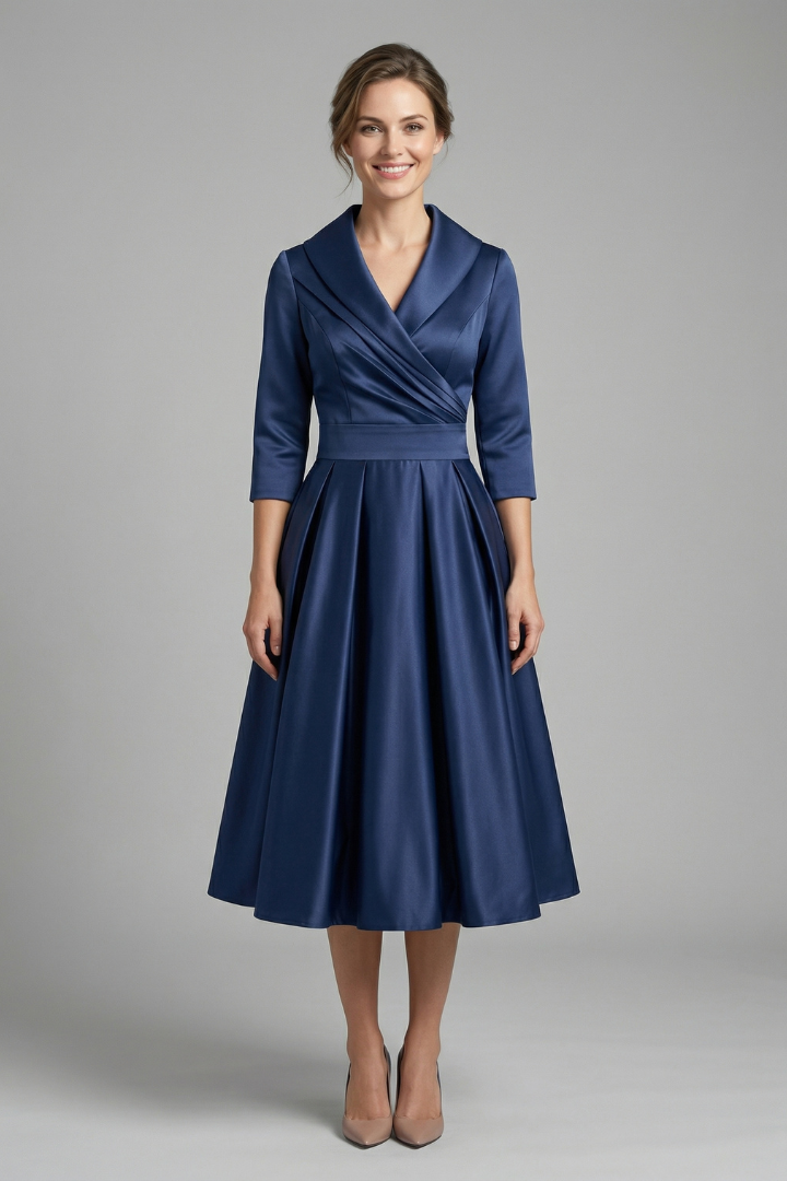 Female model wearing a midi dress with wrap neckline and pleated skirt on a plain background.
