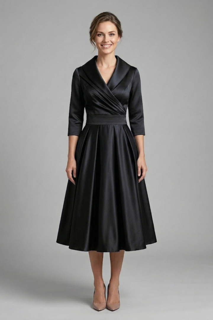 Woman wearing a structured waist midi dress with overlapping neckline on a plain background.