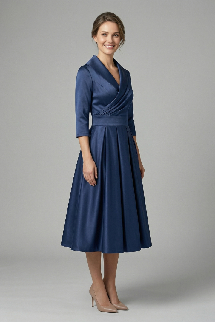 Female model in a pleated midi dress with side pockets and structured waist on a plain background.