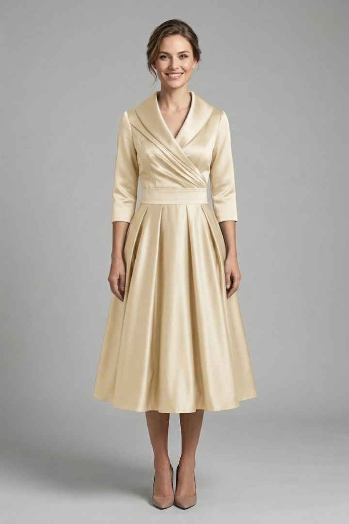 Woman modeling a pleated skirt midi dress with fitted midsection on a plain background.