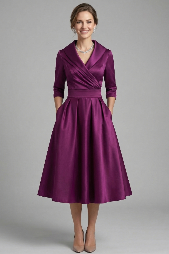 Female model in a long sleeve wrap dress with midi-length skirt on a plain background.