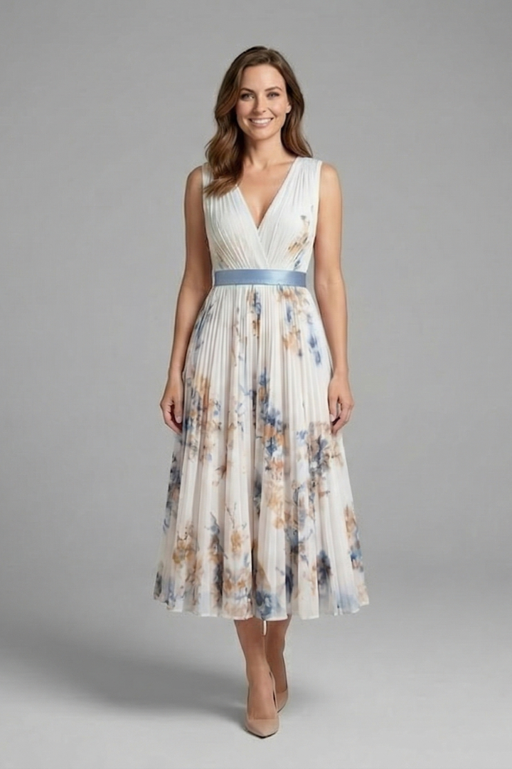 Female model in a printed sleeveless dress with a defined waist and flared hem.