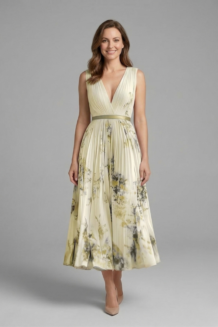 Woman wearing a midi dress with a V-neckline 