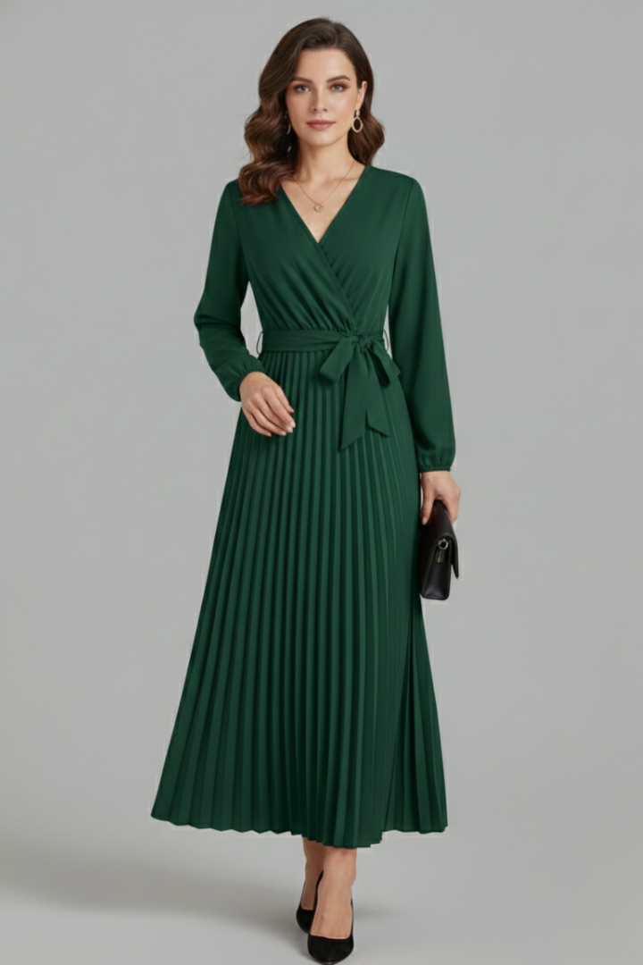Woman styled in a maxi dress with a deep V-neck 