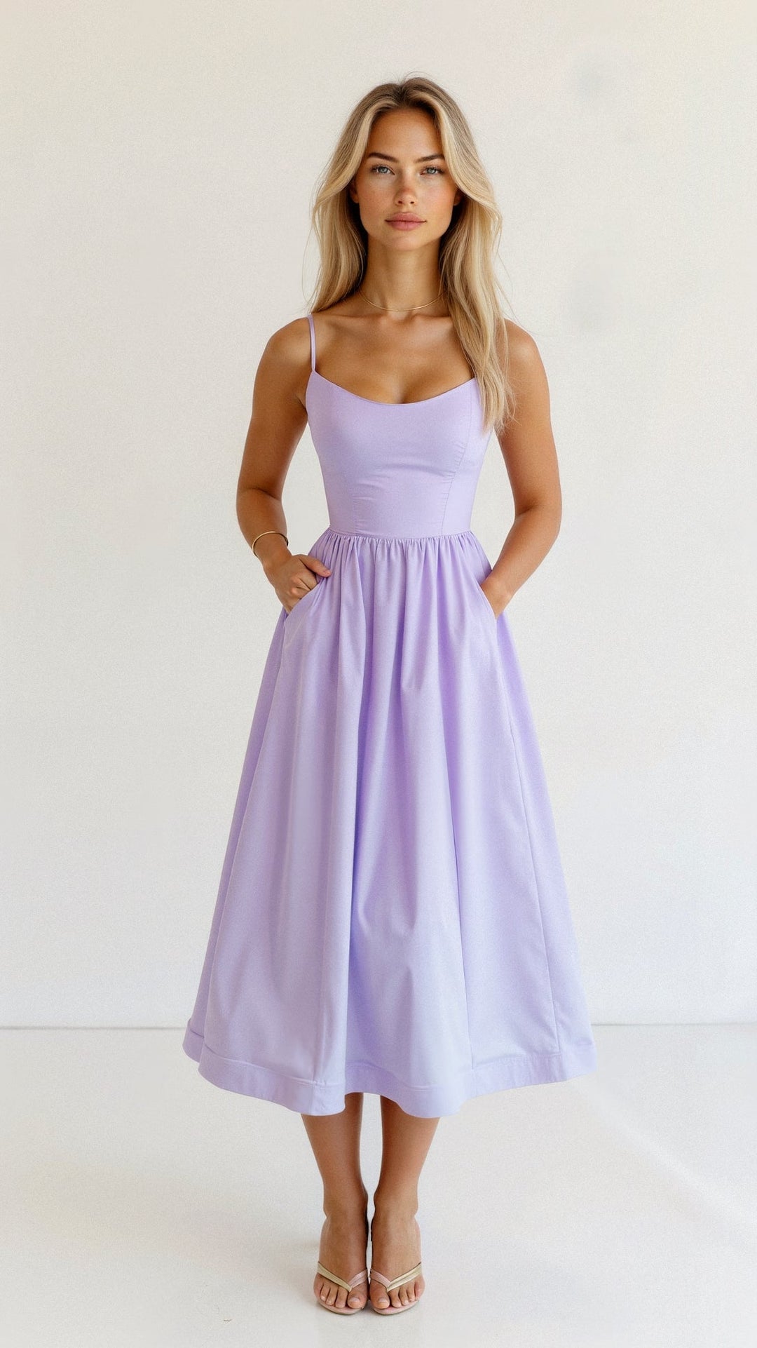 Woman in a sleeveless A-line dress against a plain background.