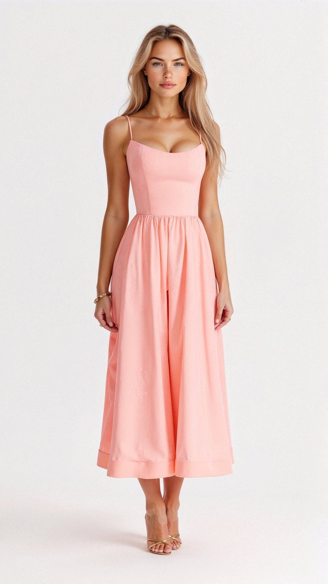 Woman modelling a sleeveless midi dress with soft draped movement.