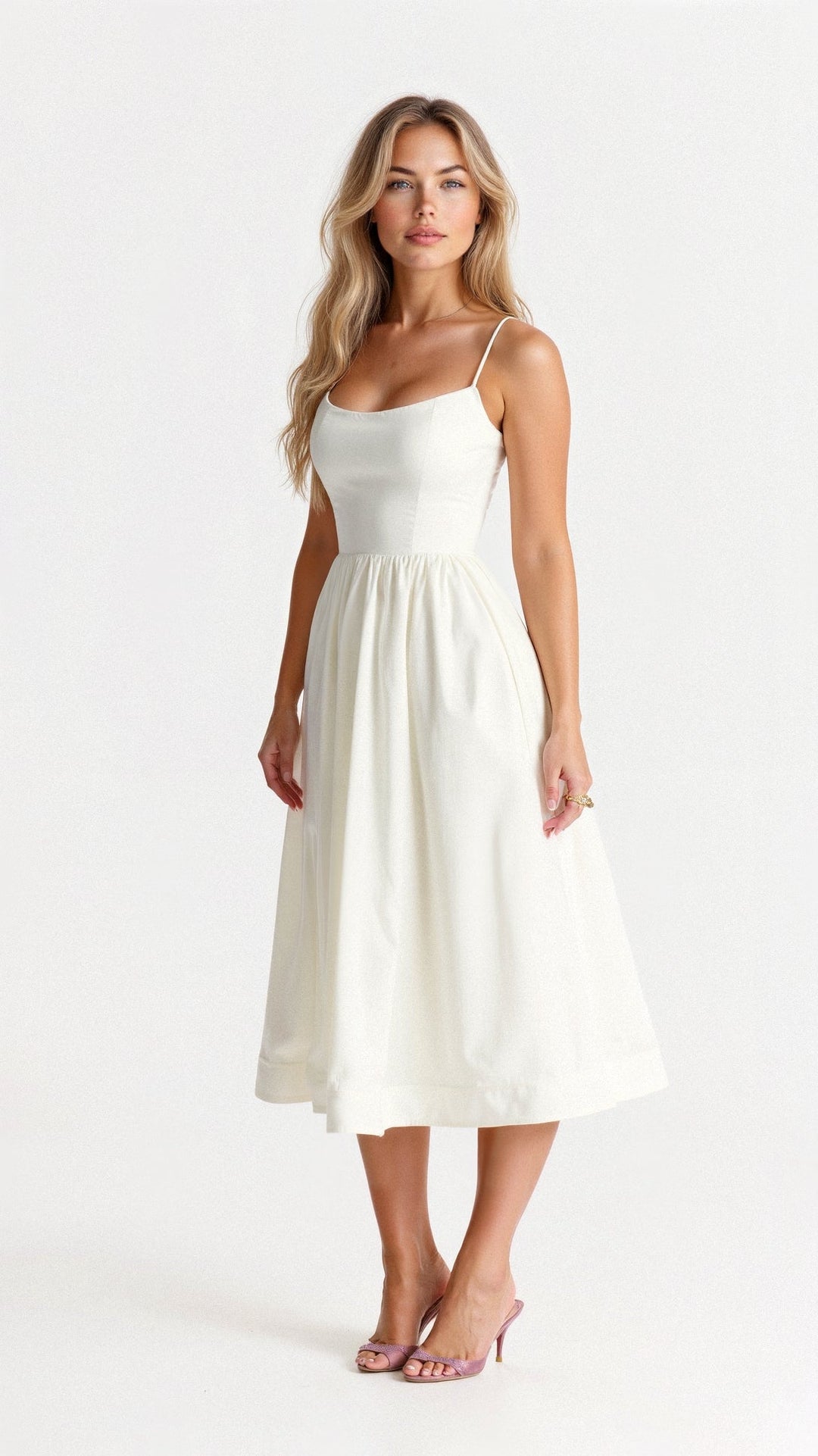 Woman wearing an A-line midi dress with spaghetti straps against a plain background.